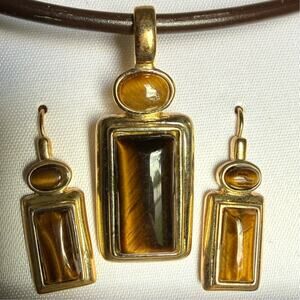 Vintage Tiger’s Eye Necklace & Earrings Set | Gold Tone w/ Leather | Boxed Set